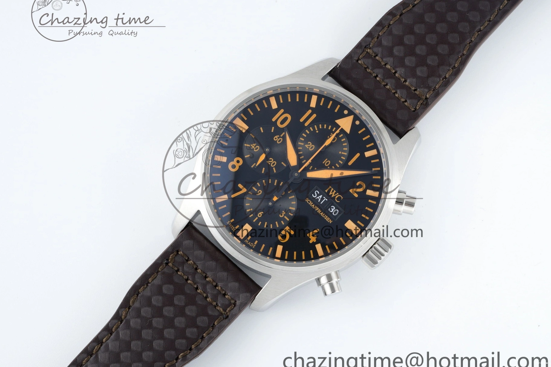 MIROTIME 0126 Pilot Chrono SS AZF 1:1 Best Edition Black Dial Orange Markers on Brown Leather Strap A EasyCare 7065